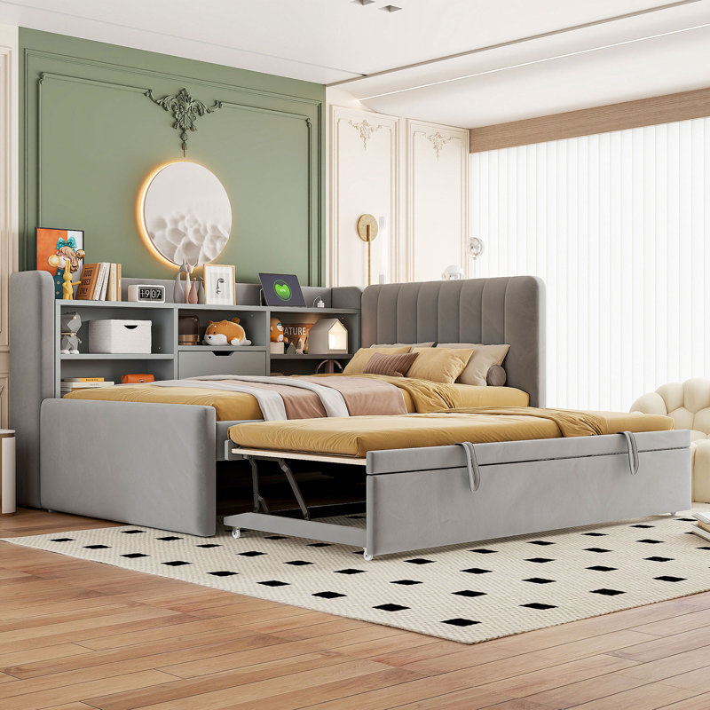 Velvet Fabric Upholstered Twin Size Daybed with Trundle and USB & Outlet, Gray