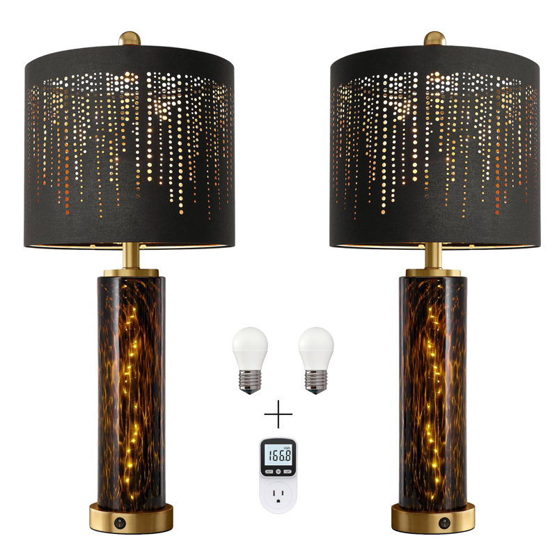 Set of 2, 27.75" Modern Table Lamps Included 1pcs Watt Metre Power Metre Plug with Energy Usage Monitor with 8 Display Modes and Overload Protection, Lamp with Leopard Glass Nightlight, USB A+C
