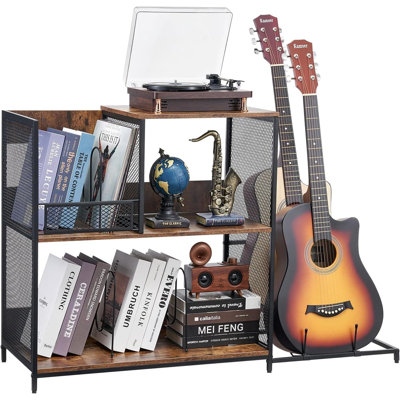 Support de tourne-disque en vinyle à 3 niveaux avec support de guitare intégré, armoire de rangement pour tourne-disque pouvant contenir plus de 300 albums, cadre en maille métallique pour le salon et la chambre à coucher