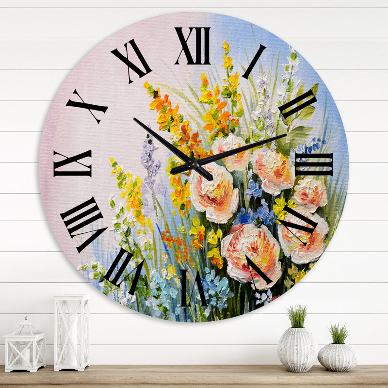 Rose et jaune fleurs sauvages d'été - Horloge murale traditionnelle, Grand
