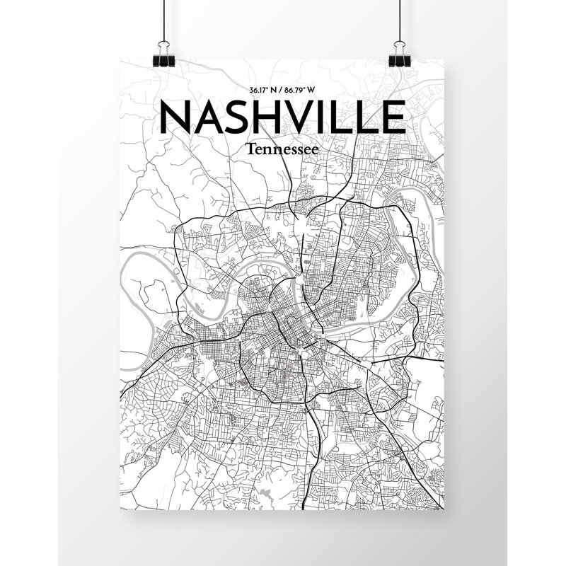 Nashville City Map - No Frame Print, 50.8cm H x 40.6cm W x 0.13cm D, Grey