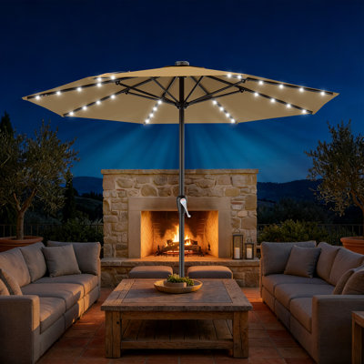 Parasol de terrasse 12 pi à DEL 8 pi avec système de levage à manivelle, cour arrière, bord de piscine, pelouse et jardin, évent, kaki