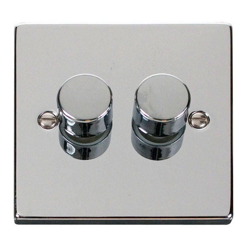 Polished Chrome 2 Gang 2 Way LED 100W Trailing Edge Dimmer Light Switch
