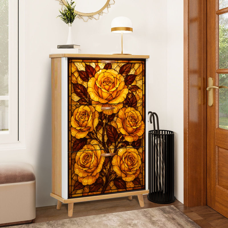 Armoire de rangement pour chaussures avec 3 tiroirs rabattables pour roses dorées, impression sur vitrail, feuilles rouges, élégantes fleurs rétro