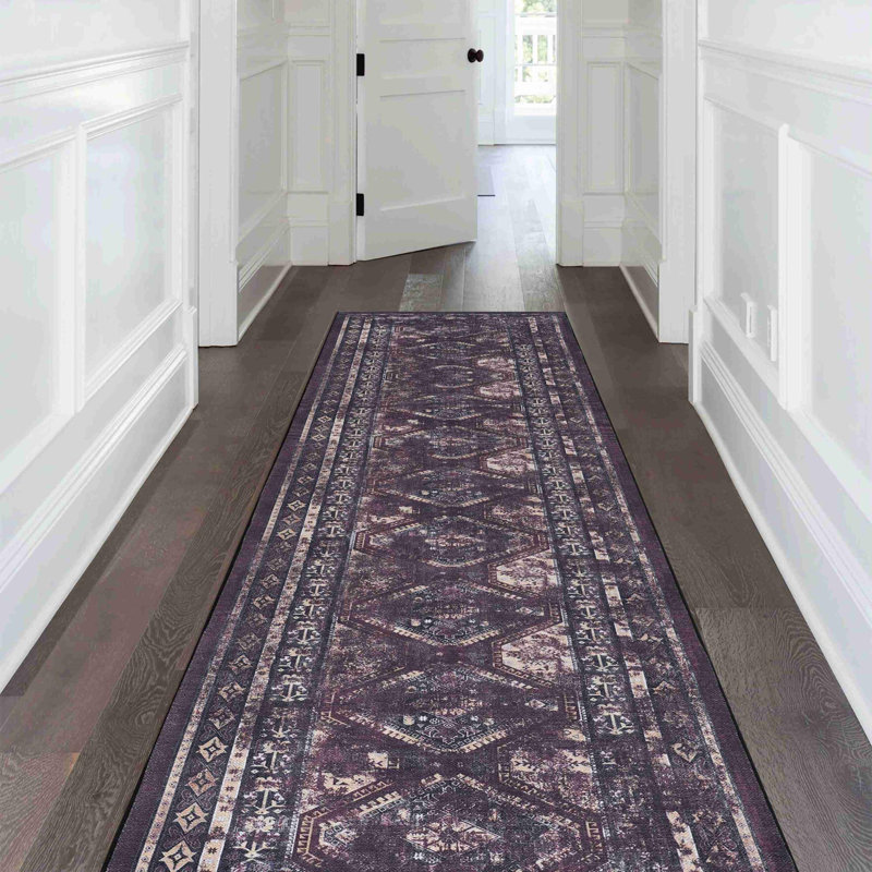 2'6"x 10'Black+Burgundy Washable Area Rug, Runner 2'6" x 10'