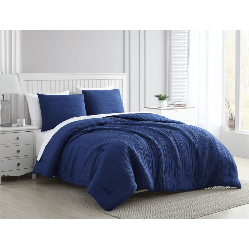  Greenport Crinkle Microfiber Comforter Set, Queen Comforter + 2 Standard Shams, Navy