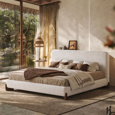 King Size Cloud Bed Frame, White Boucle  Upholstered Platform Bed With Soft Headboard, Solid Wood Legs, No Box Spring Required, Easy Assembly