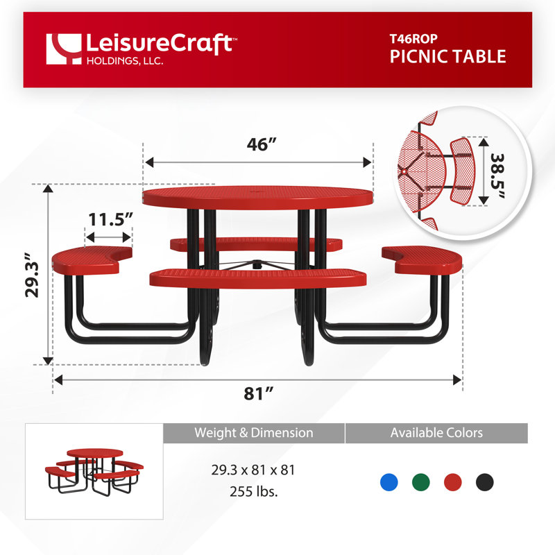 Table de pique-nique extérieure de 46 po avec 4 bancs Leisure Craft, Rouge