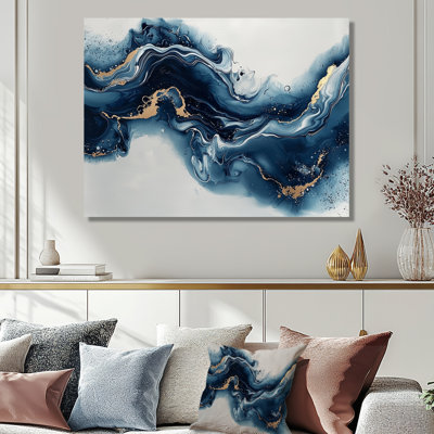 Gold And Blue Celestial Fluidity III - Modern Metal Art Print, Abstract Liquid Ink Metal Wall Art