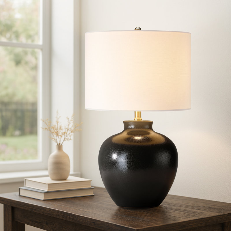 Lampe de table en céramique noire à 3 voies avec abat-jour tambour