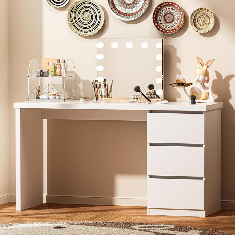 Computer Desk with Drawers, Wood Work Desk, Home Office PC Desk, White, 29.4" H x 62.9" W x 23.6" D