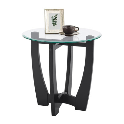 23.5" Round Glass Coffee Table with Black Wood Base for Living Room & Office
