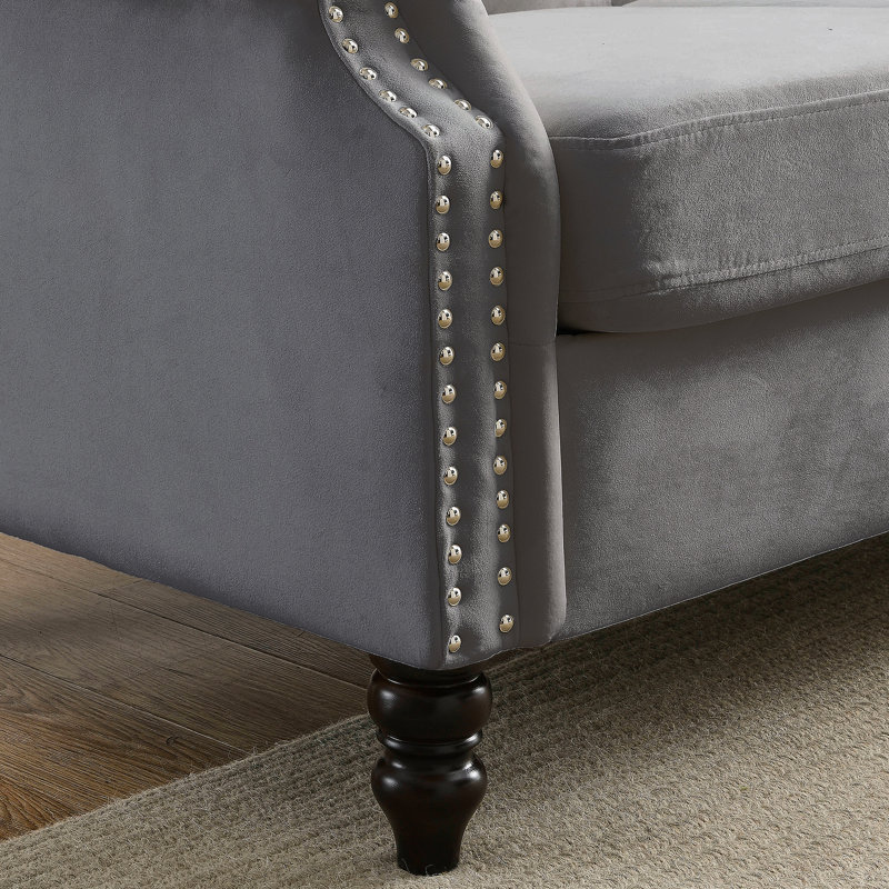 Canapé Chesterfield Meghans, H 32 po x l 79 po x P 30 po, Velours gris velours