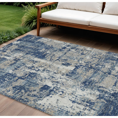 Tapis extérieur lavable abstrait bleu marine, gris et ivoire 8 pi x 10 pi