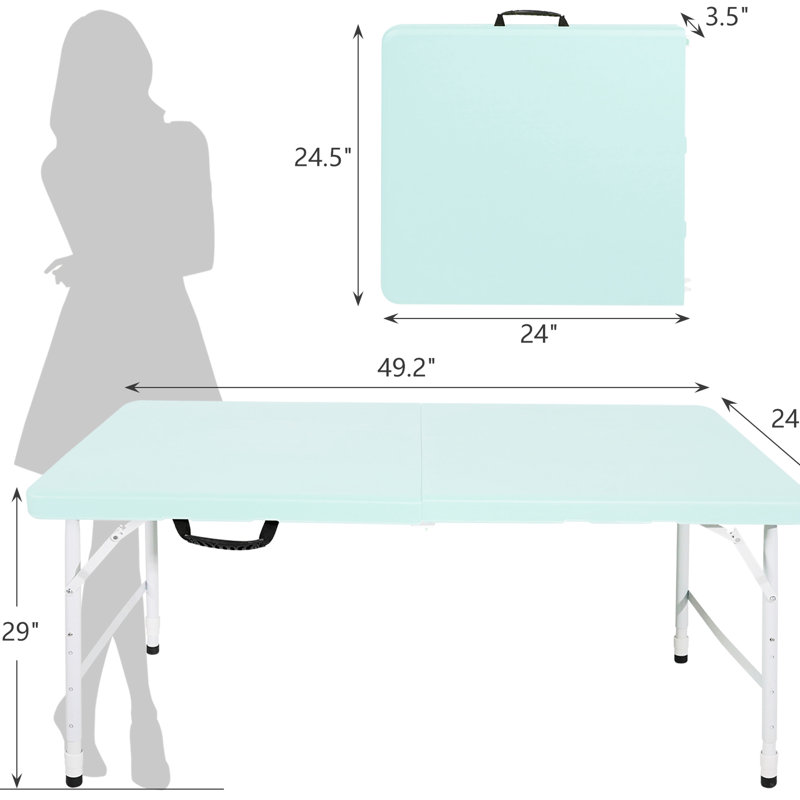 Table pliante portative bleue de 4 pi pour les espaces intérieurs et extérieurs, capacité de 135 kg, rangement pliable, table de surface facile à nettoyer, utilisation, chargement, nettoyage, célébrations d'anniversaire convenables