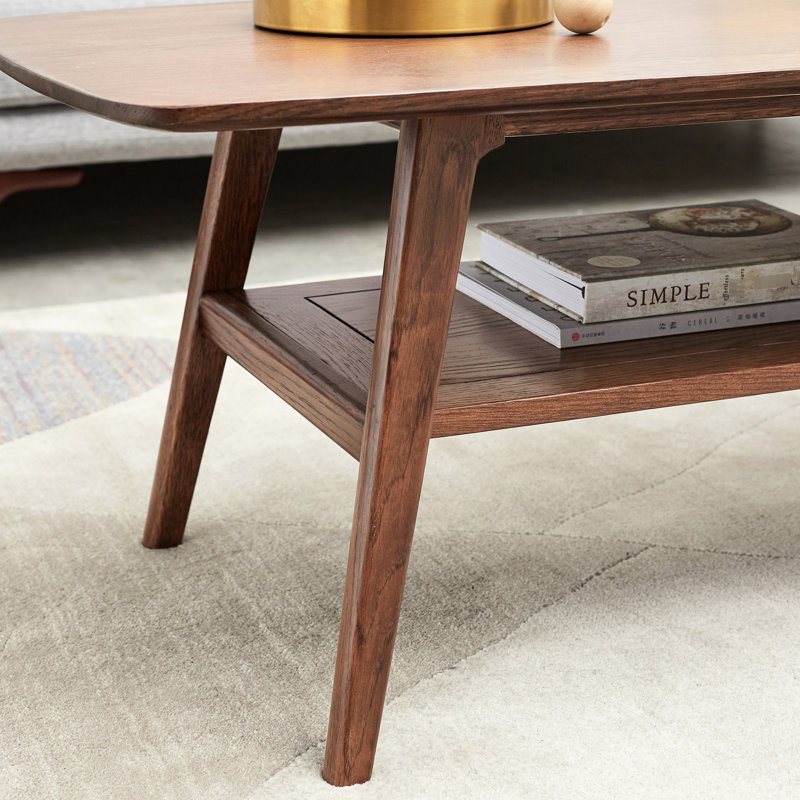 Table basse rectangulaire en bois de chêne massif avec rangement, assemblage facile, tablettes de salon de couleur brune, espace
