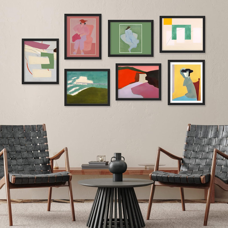 Multicolore Mid-Century pastel paysage abstrait géométrique minimalisme encadré sur papier, 7 pièces, Cadre noir