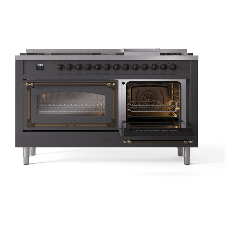 ILVE Nostalgie II Noblesse 60 in Dual Fuel Range, 9 Burner, Griddle, Graphite Matte/Burnished, Natural Gas