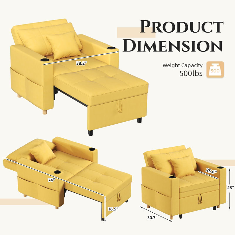 Heckman 40" Sleeper Chair,  3-in-1 Convertible Chair Bed, Yellow 100% Linen
