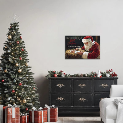 Grande peinture sur toile de la crèche de Noël, peinture du Père Noël et de l'enfant Jésus, impressions sur toile de Noël, affiche de la Foi pour le salon, décoration murale de l'église, naissance de Jésus, œuvre d'art prête à être accrochée, 24 po x 36 po