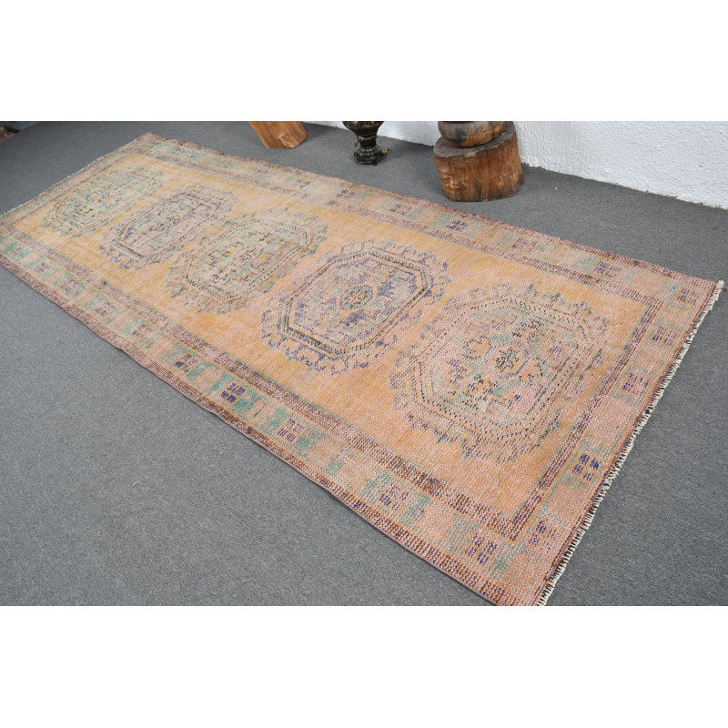 Tapis de couloir vintage turc Oushak orange discret pour escalier et couloir orange / vert