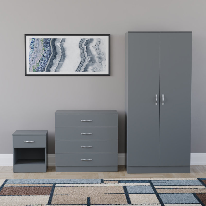 Maybery 3 Piece Bedroom Set (1 Drawer Bedside Cabinet, 4 Drawer Chest, 2 Door Wardrobe), (4), Grey