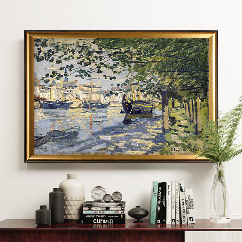 «La seine à Rouen», reproduction de peinture à l'huile, Cadre doré, H 31 po x l 43 po x P 1,5 po, Blanc mat