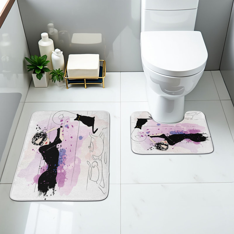  Kitten Bathroom Rug Set 2 Pieces Rectangle & Contour Mats Lavender Black and Lilac