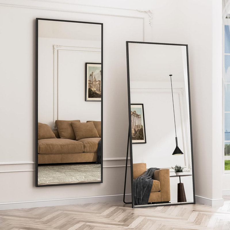 Miroir pleine longueur, miroir de plancher 71 po x 28 po avec support, miroirs suspendus pour chambre à coucher, salon, vestiaire, salle à manger, noir, rectangle