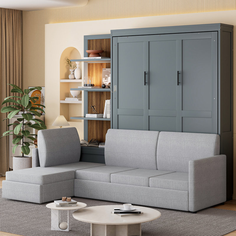 Grand lit escamotable mural avec canapé et tablettes de rangement, gris, Gris