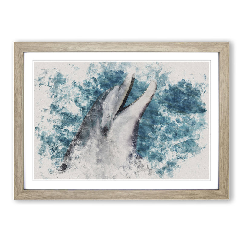 Dolphin - Picture Frame Graphic Art, Oak, 48cm H x 65cm W x 2cm D