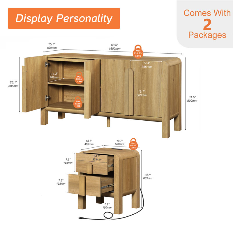 Ensemble de commode et de table de chevet Mid-Century moderne pour la chambre à coucher, ensemble de chambre à coucher 2 pièces avec profil incurvé, ensemble de commode en bois
