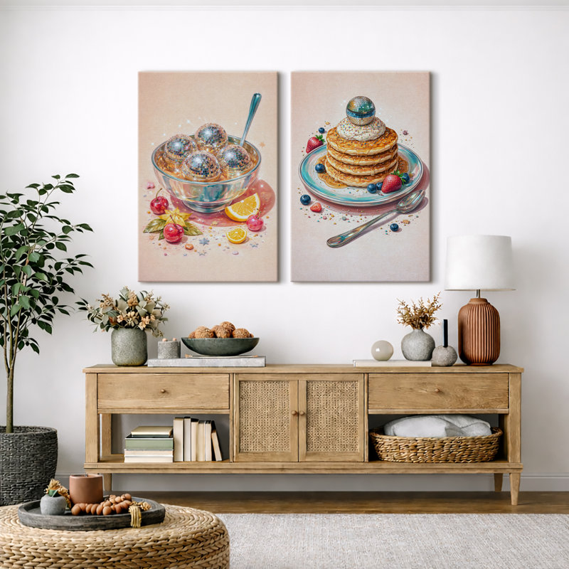 «Disco Bowl Dessert Bowl and Pancake», jolies photos de cuisine, impression sur toile encadrée, 2 pièces, Toile tendue