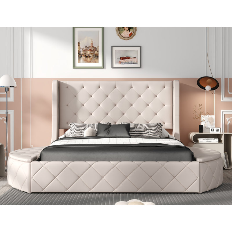 Lit plateforme tapissier en velours avec rangement et grand lit, Beige