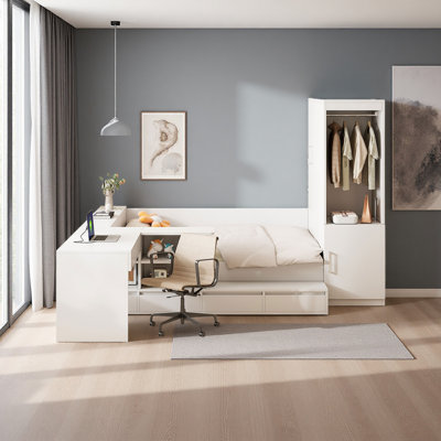 Lit plateforme double en bois avec 6 tiroirs, tablettes, bureau et garde-robe