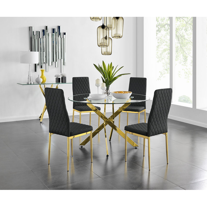 Tierra Modern Metal & Glass Round Dining Table Set with 4 Quilted Faux Leather Chairs, Black/Gold