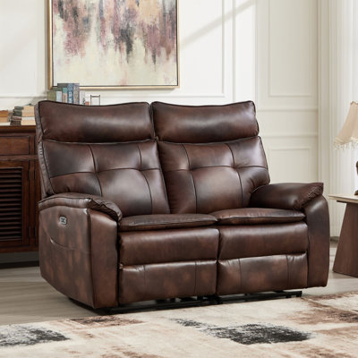 61.4" Wide Classic Top Grain Leather Power Reclining Loveseat Sofa with USB Port & Side Storage Pocket
