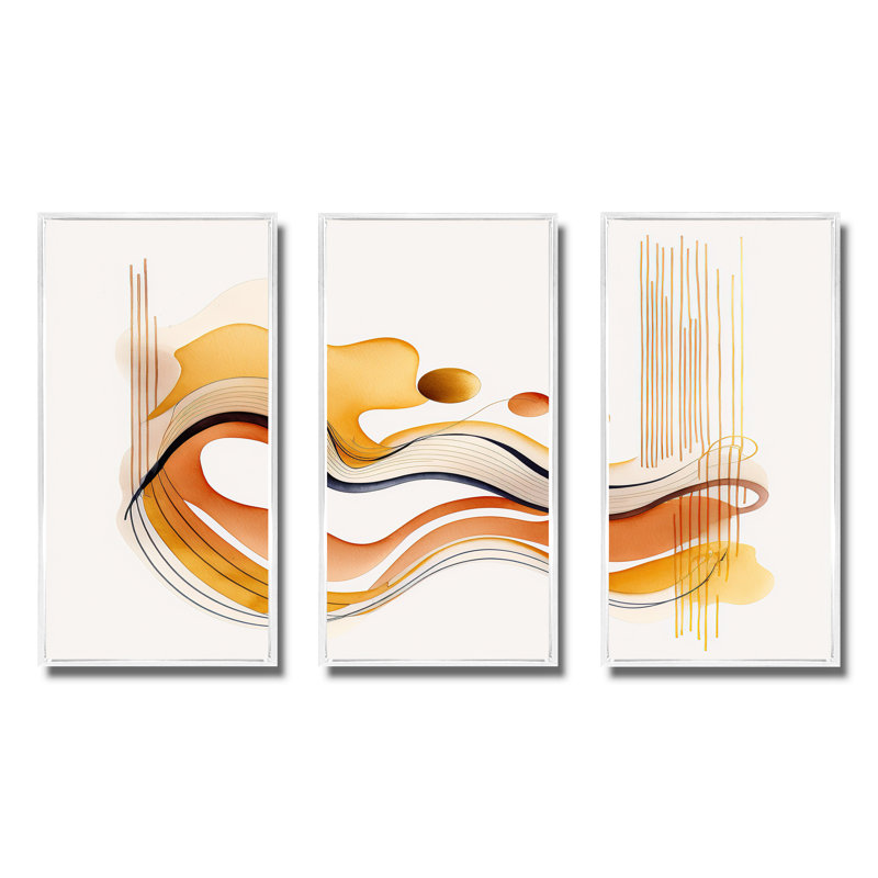 «Dhatri Burnt Orange Waves Abstract III», reproduction sur toile 3 pièces, H 28 po x l 36 po x P 1 po, Cadre blanc