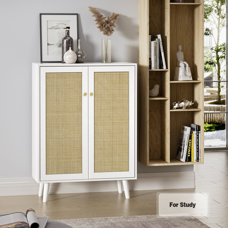 White Freestanding Rattan 2-Door Accent Cabinet with Adjustable Shelves