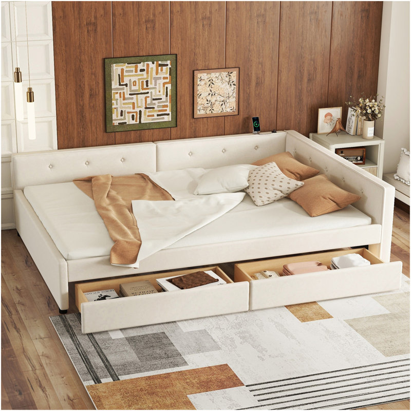 Lit plateforme tapissier double avec USB et 2 tiroirs, beige