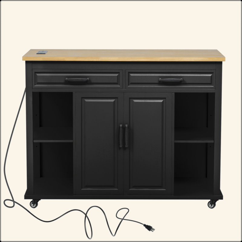 47 Inch Kitchen Island With Extendable Dining Table, Rubber Wood Veneer Kitchen Table With Internal Storage Rack, Power Outlet, Kitchen Island With Storage 2 Drawers 2 Cabinet