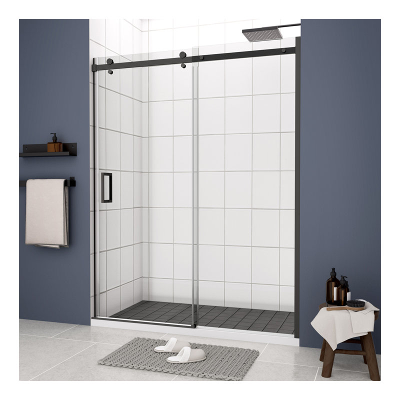 Porte de douche en verre, porte coulissante, avec verre trempé de 5/16 po, Noir mat