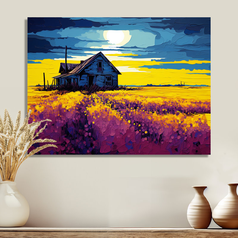 «White Country House Lavender Field Sunset», art mural paysage, Métal métal, H 12 po x l 20 po x P 1 po