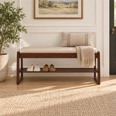 Wood Shoe Storage Bench with Vegan Leather Seat, Lift-Top Hidden Storage and Open Shoe Shelves