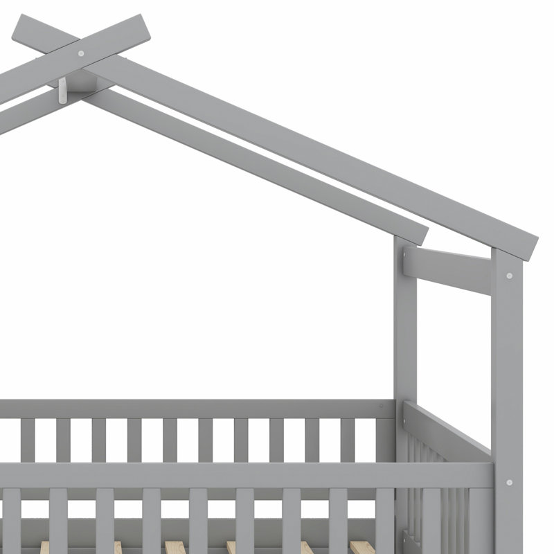 Wooden House Bed With Trundle, Gray