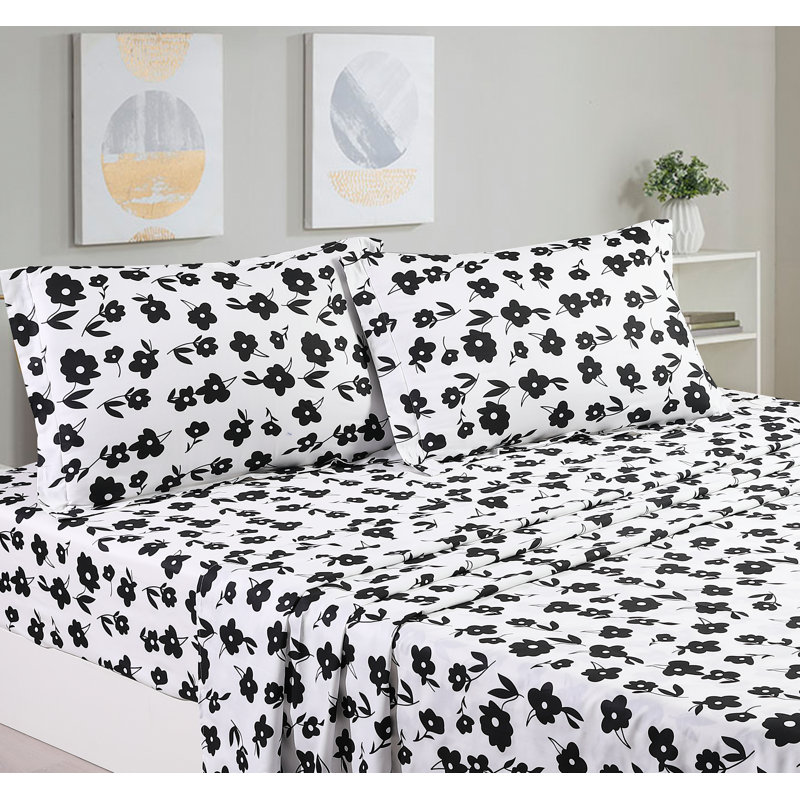 100% Cotton Twill Floral Sheet Set, King Sheet Set with 4 Pillowcases