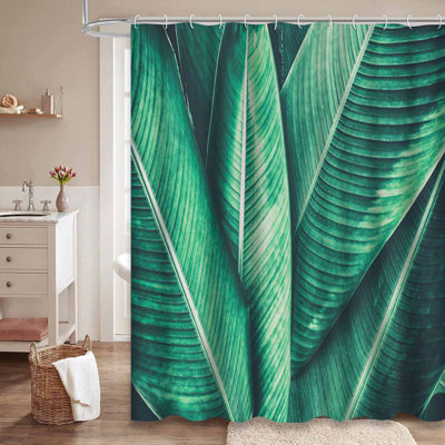 Rideau de douche à motif de feuilles tropicales avec feuillage vert et bleu avec 12 crochets