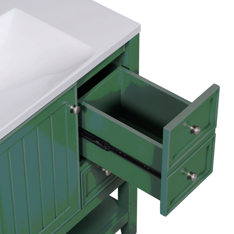 Ensemble de meuble-lavabo 36 po avec lavabo, une armoire et trois tiroirs, panneau en bois massif et panneau de fibres à densité moyenne, vert