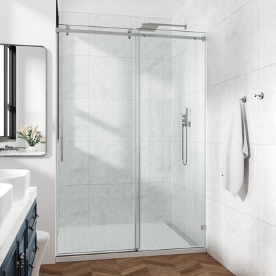 72-77" W X 79" H Frameless Single Sliding Shower Door with 3/8" (10mm) Clear Tempered Glass, Shatter-Resistant Film & Installation Hole Locator - Square Top Rail