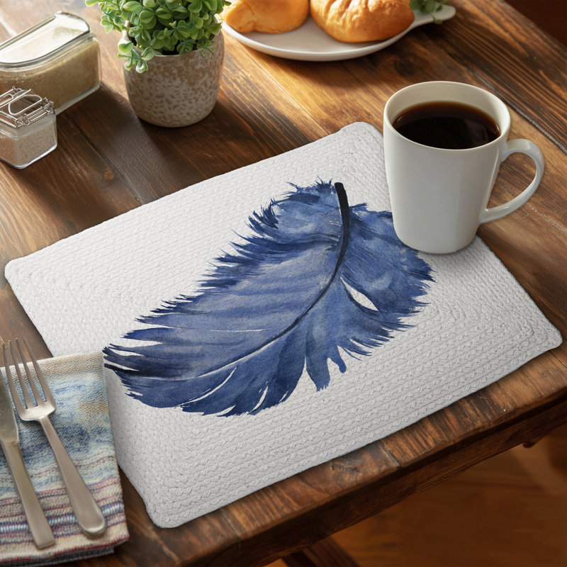 Watercolor Blue Feather Placemat | Braided Polyester Decor